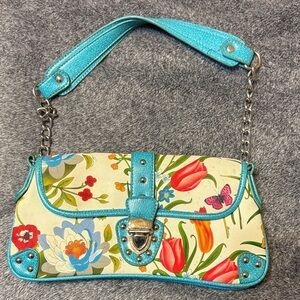 Floral Print Handbag with Turquoise Accents
